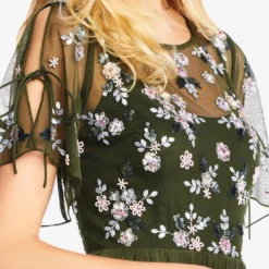Adrianna Papell Floral Sequin Boho Gown With Lace Up Flutter Short Sleeves In Olive -Cheap Vesta Gleam Store AP1E202943 AA371 Regular Detail