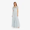 Adrianna Papell Floral Sequin Boho Gown With Lace Up Flutter Short Sleeves In Glacier