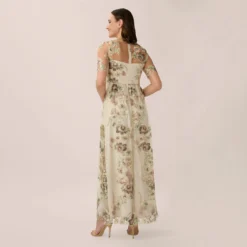 Adrianna Papell Sheer Short Sleeve Lace Gown With Rose Embroidery In Mink Multi -Cheap Vesta Gleam Store AP1E203576 AW920 Regular Back
