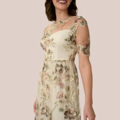 Adrianna Papell Sheer Short Sleeve Lace Gown With Rose Embroidery In Mink Multi -Cheap Vesta Gleam Store AP1E203576 AW920 Regular Detail