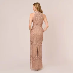 Adrianna Papell Beaded Column Gown With Mock Neckline In Rose Gold -Cheap Vesta Gleam Store AP1E204499 AA958 Regular Back