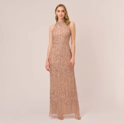Adrianna Papell Beaded Column Gown With Mock Neckline In Rose Gold