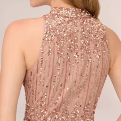 Adrianna Papell Beaded Column Gown With Mock Neckline In Rose Gold -Cheap Vesta Gleam Store AP1E204499 AA958 Regular Lifestyle