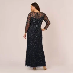 Adrianna Papell Plus Size Floral Beaded Dress With Sheer Long Sleeves In Midnight -Cheap Vesta Gleam Store AP1E205390 AB411 Plus Back