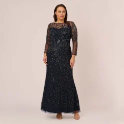Adrianna Papell Plus Size Floral Beaded Dress With Sheer Long Sleeves In Midnight