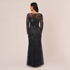 Adrianna Papell Floral Beaded Dress With Sheer Long Sleeves In Midnight -Cheap Vesta Gleam Store AP1E205390 AB411 Regular Back