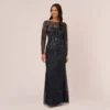 Adrianna Papell Floral Beaded Dress With Sheer Long Sleeves In Midnight