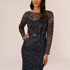 Adrianna Papell Floral Beaded Dress With Sheer Long Sleeves In Midnight -Cheap Vesta Gleam Store AP1E205390 AB411 Regular Lifestyle