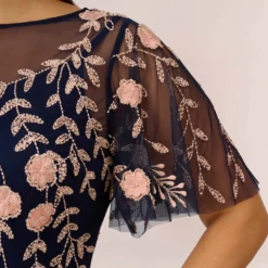 Adrianna Papell Plus Size Floral Beaded Dress With Sheer Flutter Sleeves In Navy Blush -Cheap Vesta Gleam Store AP1E205858 AX412 Plus Lifestyle