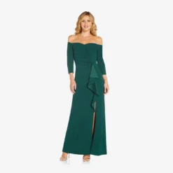 Adrianna Papell Off The Shoulder Dress With Cascading Ruffle Detail In Dusty Emerald