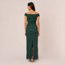 Adrianna Papell Off Shoulder Dress With Floral Embellishment In Dusty Emerald -Cheap Vesta Gleam Store AP1E207584 AA302 Regular Back