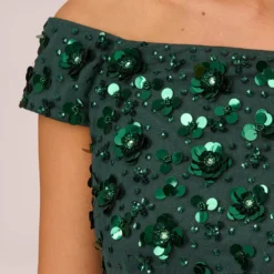 Adrianna Papell Off Shoulder Dress With Floral Embellishment In Dusty Emerald -Cheap Vesta Gleam Store AP1E207584 AA302 Regular Detail