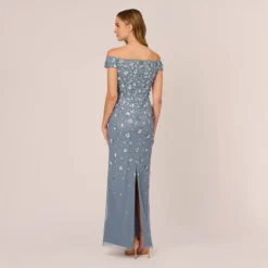 Adrianna Papell Off Shoulder Dress With Floral Embellishment In Vintage Blue -Cheap Vesta Gleam Store AP1E207584 AC466 Regular Back