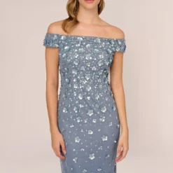 Adrianna Papell Off Shoulder Dress With Floral Embellishment In Vintage Blue -Cheap Vesta Gleam Store AP1E207584 AC466 Regular Detail