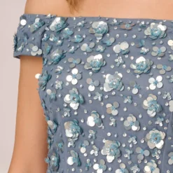 Adrianna Papell Off Shoulder Dress With Floral Embellishment In Vintage Blue -Cheap Vesta Gleam Store AP1E207584 AC466 Regular Lifestyle