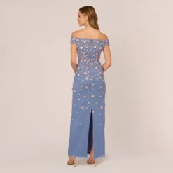 Adrianna Papell Off Shoulder Dress With Floral Embellishment In French Blue Coral -Cheap Vesta Gleam Store AP1E207584 AK454 Regular Back