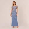 Adrianna Papell Off Shoulder Dress With Floral Embellishment In French Blue Coral