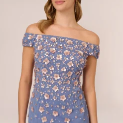 Adrianna Papell Off Shoulder Dress With Floral Embellishment In French Blue Coral -Cheap Vesta Gleam Store AP1E207584 AK454 Regular Detail