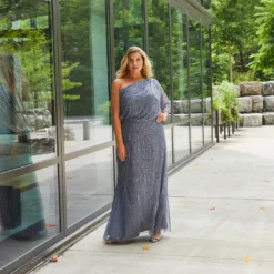 Adrianna Papell Plus Size Draped One Shoulder Dress With Sequin Detail In Dusty Blue -Cheap Vesta Gleam Store AP1E207598 AA463 Plus Lifestyle