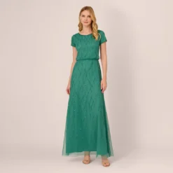 Adrianna Papell Hand-Beaded Long Dress In Jungle Green