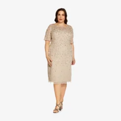 Adrianna Papell Plus Size Beaded Cocktail Dress In Biscotti -Cheap Vesta Gleam Store AP1E207750 AG273 Plus Side