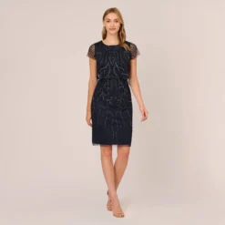 Adrianna Papell Short Sleeve Beaded Cocktail Dress With Popover In Midnight -Cheap Vesta Gleam Store AP1E207775 AG410 Regular Front