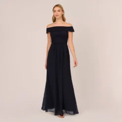 Adrianna Papell Off The Shoulder Crepe Chiffon Gown With Soft Skirt In Midnight