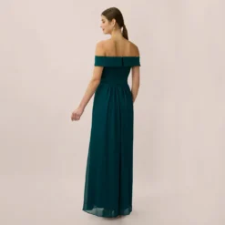 Adrianna Papell Off The Shoulder Crepe Chiffon Gown With Soft Skirt In Hunter -Cheap Vesta Gleam Store AP1E207939 AE303 Regular Back