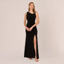 Adrianna Papell Hand-Sequined Ruched Long Jersey Gown In Black