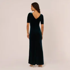 Adrianna Papell Shirred Velvet Gown With Elbow-Length Sleeves In Emerald -Cheap Vesta Gleam Store AP1E208255 AA321 Regular Back