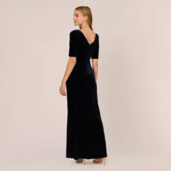 Adrianna Papell Shirred Velvet Gown With Elbow-Length Sleeves In Midnight -Cheap Vesta Gleam Store AP1E208255 AB411 Regular Back