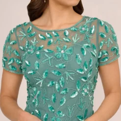 Adrianna Papell Hand Beaded Short Sleeve Floral Godet Gown In Green Slate -Cheap Vesta Gleam Store AP1E208349 AA355 Regular Detail