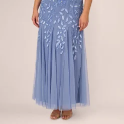 Adrianna Papell Plus Size Hand Beaded Short Sleeve Floral Godet Gown In French Blue -Cheap Vesta Gleam Store AP1E208349 AA544 Plus Alternate