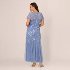 Adrianna Papell Plus Size Hand Beaded Short Sleeve Floral Godet Gown In French Blue -Cheap Vesta Gleam Store AP1E208349 AA544 Plus Back