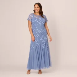 Adrianna Papell Plus Size Hand Beaded Short Sleeve Floral Godet Gown In French Blue
