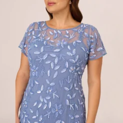 Adrianna Papell Plus Size Hand Beaded Short Sleeve Floral Godet Gown In French Blue -Cheap Vesta Gleam Store AP1E208349 AA544 Plus Detail