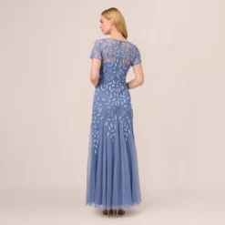 Adrianna Papell Hand Beaded Short Sleeve Floral Godet Gown In French Blue -Cheap Vesta Gleam Store AP1E208349 AA544 Regular Back