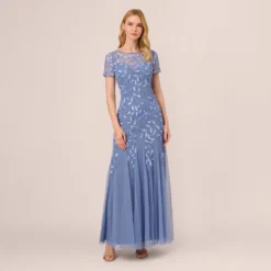 Adrianna Papell Hand Beaded Short Sleeve Floral Godet Gown In French Blue