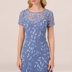 Adrianna Papell Hand Beaded Short Sleeve Floral Godet Gown In French Blue -Cheap Vesta Gleam Store AP1E208349 AA544 Regular Detail