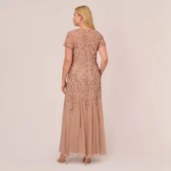 Adrianna Papell Plus Size Hand Beaded Short Sleeve Floral Godet Gown In Rose Gold -Cheap Vesta Gleam Store AP1E208349 AA958 Plus Back
