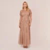 Adrianna Papell Plus Size Hand Beaded Short Sleeve Floral Godet Gown In Rose Gold