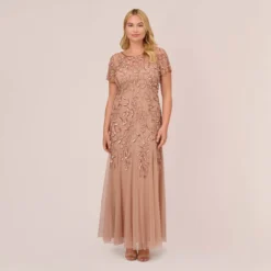 Adrianna Papell Plus Size Hand Beaded Short Sleeve Floral Godet Gown In Rose Gold