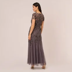 Adrianna Papell Hand Beaded Short Sleeve Floral Godet Gown In Moonscape -Cheap Vesta Gleam Store AP1E208349 AD542 Regular Back