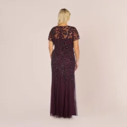 Adrianna Papell Plus Size Hand Beaded Short Sleeve Floral Godet Gown In Night Plum -Cheap Vesta Gleam Store AP1E208349 BK940 Plus Back