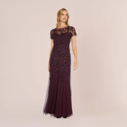 Adrianna Papell Hand Beaded Short Sleeve Floral Godet Gown In Night Plum -Cheap Vesta Gleam Store AP1E208349 BK940 Regular Alternate