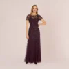 Adrianna Papell Hand Beaded Short Sleeve Floral Godet Gown In Night Plum