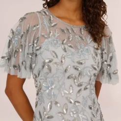 Adrianna Papell Long Floral Beaded Gown With Flutter Sleeves In Blue Heather -Cheap Vesta Gleam Store AP1E208445 AA469 Regular Detail