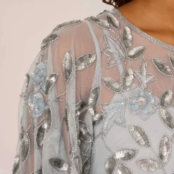 Adrianna Papell Long Floral Beaded Gown With Flutter Sleeves In Blue Heather -Cheap Vesta Gleam Store AP1E208445 AA469 Regular Lifestyle