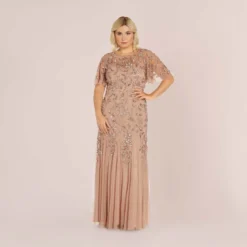 Adrianna Papell Plus Size Long Floral Beaded Gown With Flutter Sleeves In Rose Gold