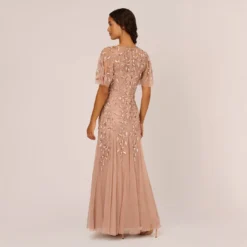 Adrianna Papell Long Floral Beaded Gown With Flutter Sleeves In Rose Gold -Cheap Vesta Gleam Store AP1E208445 AA958 Regular Back 60c79153 2423 4594 b344 b6c4dbc9417f